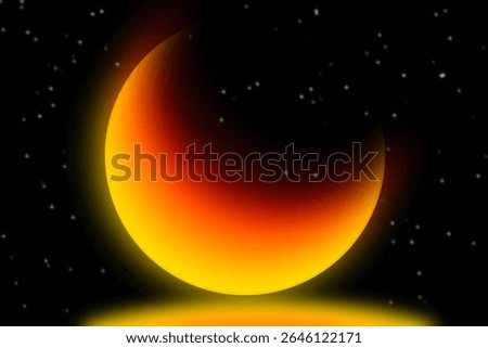 Glowing Crescent Moon in Night sky. Abstract illustration of a glowing orange and yellow crescent moon with soft gradient lighting against a black star-filled sky. Suitable for night-themed designs.