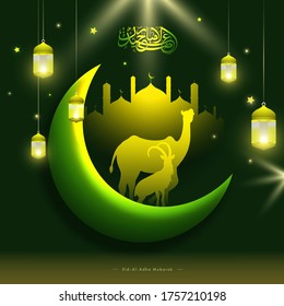 Glowing Crescent Moon with Silhouette Camel, Goat, Mosque, Stars and Hanging Illuminated Lanterns Decorated on Green Lights Effect Background for Eid-Al-Adha Mubarak.