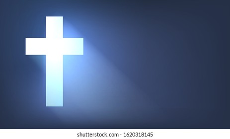 Glowing cross in the dark. Window in the shape of a cross in a dark room. Christianity, faith, religion