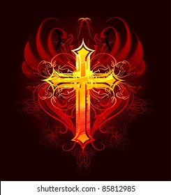 glowing cross, drawn by large strokes orange and red paint with red stylized wings on a dark background, decorated with dark pattern