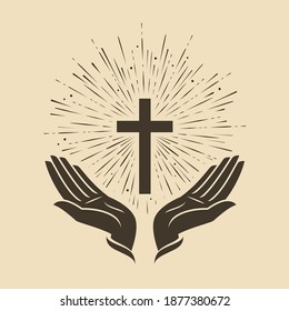Glowing cross with hands symbol. Church logo vector