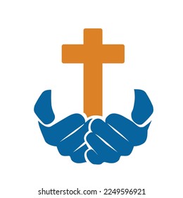 Glowing cross with hands symbol. Church logo vector
