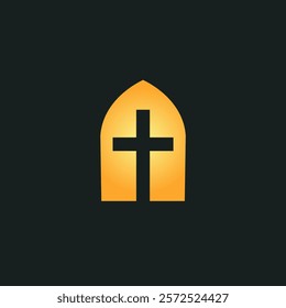 Glowing cross inside a golden arched window, symbolizing faith, spirituality, and devotion. Ideal for religious logos, church branding, or faith-based organizations. Minimalist vector illustration.