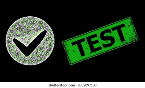 Glowing crossing mesh approve carcass with glowing spots, and green rectangular dirty Test seal imitation. Constellation vector mesh created from approve pictogram and crossing white lines.