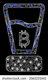 Glowing crossing mesh bitcoin mixer with glowing spots. Vector model created from bitcoin mixer icon, and from crossing lines. Bright frame mesh bitcoin mixer on a black background.