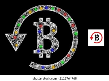 Glowing crossing mesh bitcoin refund with colored glowing spots. Illuminated vector framework created from bitcoin refund pictogram. Sparkle carcass mesh bitcoin refund, on a black backgound.