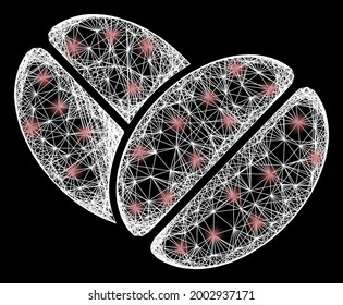 Glowing crossing mesh cacao beans framework with bright dots. Constellation vector framework created from cacao beans pictogram and crossed white lines. Sparkle carcass mesh cacao beans,