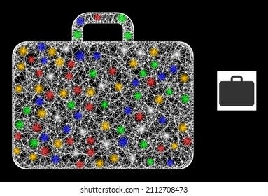 Glowing crossing mesh case with multicolored flash nodes. Illuminated vector model created from case symbol. Sparkle frame mesh case, on a black backgound.