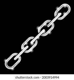 Glowing crossing mesh chain framework with bright dots. Illuminated vector framework created from chain symbol and intersected white lines. Sparkle constellation mesh chain, on a black backgound.