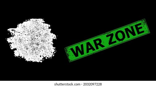 Glowing crossing mesh charcoal textured spot framework with bright dots, and green rectangular rubber War Zone stamp seal.