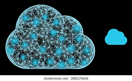 Glowing crossing mesh cloud with lightspots on a black background. Light vector structure is based on cloud symbol, with irregular mesh and lightspots.