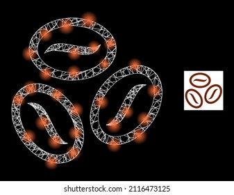 Glowing crossing mesh coffee beans icon with illuminated light spots. Illuminated model is generated using coffee beans vector icon and crossing lines. Glowing carcass coffee beans,
