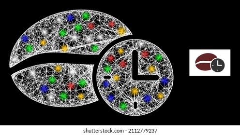 El tiempo de café de la malla de cruce brillante con puntos de luz de color. Carcasa vectorial iluminada creada a partir del icono de tiempo de café. Calzado espumoso tiempo de café de malla, sobre un fondo negro.
