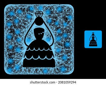 Glowing crossing mesh crowned bride with glowing spots on a black background. Illuminated vector structure is based on crowned bride picture, with irregular mesh and lightspots.