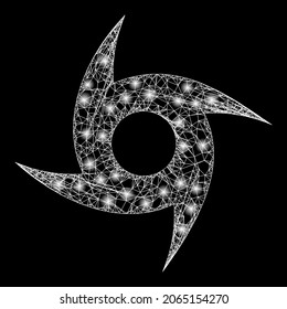 Ciclón de malla de cruce brillante con puntos de luz. Marco vectorial creado a partir del icono de ciclón y con líneas de cruce. Ciclón de malla de canal brillante sobre fondo negro.