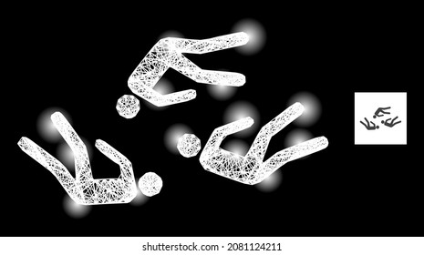 Glowing crossing mesh dead people with glowing spots on a black background. Light vector structure is based on dead people pictogram, with hatched net and light spots.
