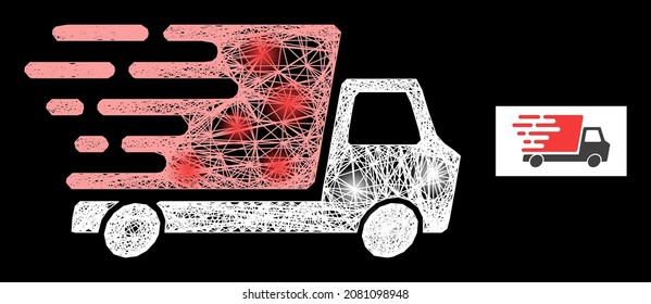 Glowing crossing mesh delivery car with light spots on a black background. Illuminated vector mesh is based on delivery car picture, with hatched net and light spots.