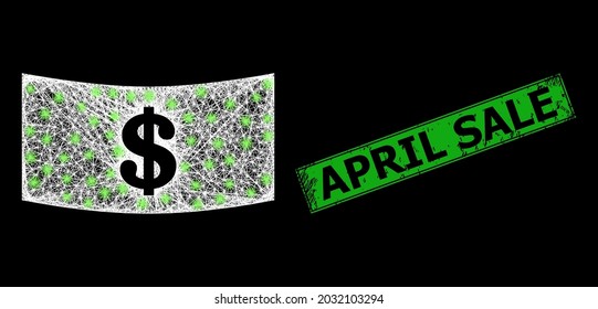 Glowing crossing mesh dollar banknote framework with lightspots, and green rectangle textured April Sale badge.