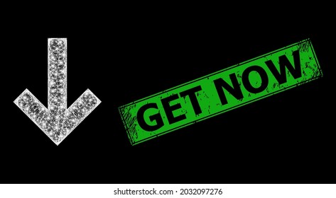 Glowing crossing mesh down direction arrow frame with bright dots, and green rectangle grunge Get Now stamp seal.