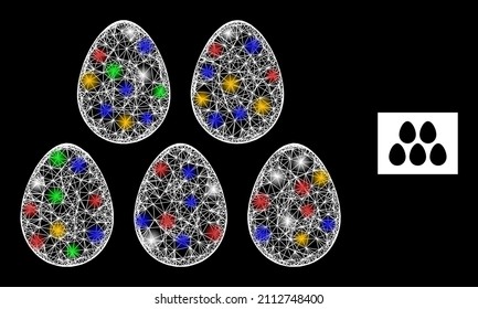 Glowing crossing mesh eggs with multicolored glowing spots. Illuminated vector model created from eggs pictogram. Sparkle constellation wired eggs, on a black backgound.