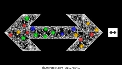 Glowing crossing mesh exchange arrow with colored glowing spots. Illuminated vector mesh created from exchange arrow pictogram. Sparkle carcass polygonal exchange arrow, on a black backgound.