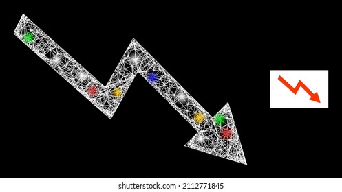Glowing crossing mesh falling trend arrow with colored glowing spots. Illuminated vector carcass created from falling trend arrow symbol. Sparkle carcass mesh falling trend arrow,