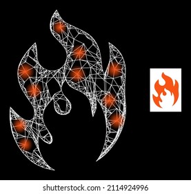 Glowing crossing mesh fire flame icon with flare light spots. Illuminated constellation is generated from fire flame vector icon and crossed lines. Illuminated frame fire flame, on a black background.