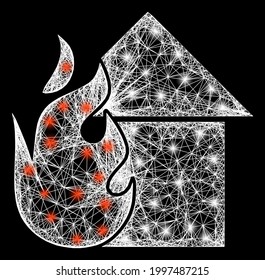 Glowing crossing mesh fired house model with bright dots. Illuminated vector mesh created from fired house icon and crossing white lines. Sparkle constellation mesh fired house, on a black backgound.