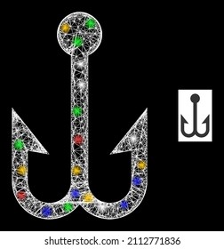 Glowing crossing mesh fishing double hook with multi colored glowing spots. Illuminated vector frame created from fishing double hook symbol. Sparkle frame wired fishing double hook,