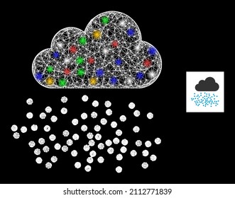 Glowing crossing mesh fog cloud with colorful bright dots. Illuminated vector carcass created from fog cloud pictogram. Sparkle carcass mesh fog cloud, on a black backgound.