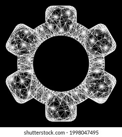 Glühender Maschendraht mit leichten Punkten. Illuminierte Vektorstruktur, erstellt aus Zahnradsymbol und Kreuzung weißer Linien. Sparkle Rahmenmaschinengeflecht auf schwarzem Hintergrund.