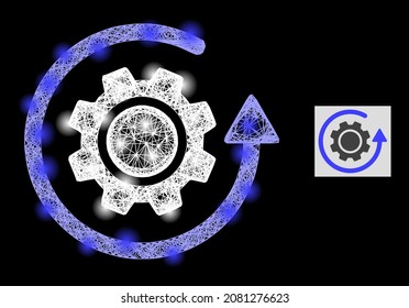Glowing crossing mesh gear rotation with light spots on a black background. Illuminated vector structure based on gear rotation icon, with irregular mesh and light spots.