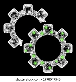 Glowing crossing mesh gears model with light spots. Illuminated vector model created from gears icon and crossed white lines. Sparkle constellation mesh gears, on a black backgound.