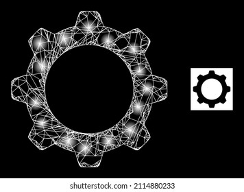 Glowing crossing mesh gearwheel icon with glowing spots. Illuminated constellation is done using gearwheel vector icon and crossing lines. Glossy carcass gearwheel, on a black background.