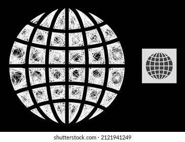 Glowing crossing mesh globe with light spots on a black background. Light vector mesh is created from globe symbol, with irregular net and light dots.