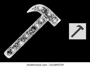 Glowing crossing mesh hammer tool with glowing spots on a black background. Light vector model created from hammer tool picture, with intersected mesh and light dots.