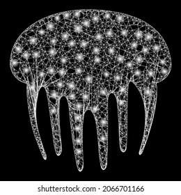 Glowing crossing mesh jelly fish with glowing spots. Vector carcass based on jelly fish icon, and with crossed lines. Illuminated carcass mesh jelly fish on a black background.