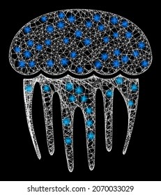Glowing crossing mesh jellyfish with light spots. Vector model created from jellyfish icon, and with crossing lines. Glowing carcass mesh jellyfish on a black background.