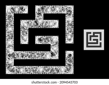 Glowing crossing mesh labyrinth icon with glowing spots and white mesh on a black background. Light vector model based on labyrinth glyph, with linear white mesh and scattered light spots.