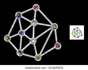 Máscara de cruce brillante con puntos multicolores brillantes. Malla vectorial iluminada creada a partir del símbolo de los vínculos de malla. Encuadernación de malla cableada del marco, sobre un fondo negro.