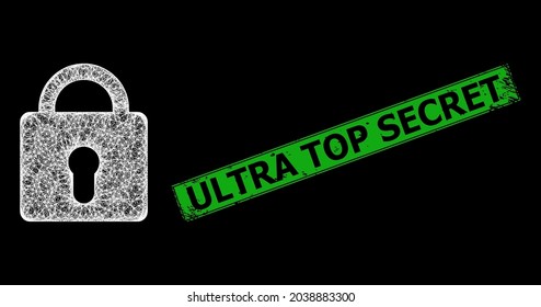 Glühendes Maschenschloss mit Blitzknoten und grünem Rechteck gekratzt Ultra Top Secret Dichtimitation. Illuminierter Vektorrahmen, erstellt aus Schloss-Symbol und Kreuzung weißer Linien.