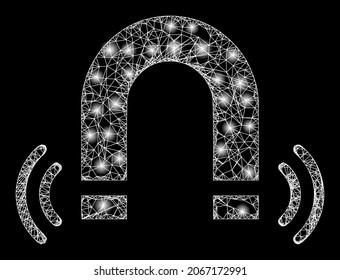 Glowing crossing mesh magnet field with lightspots. Vector frame based on magnet field icon, and with crossed lines. Glowing frame mesh magnet field on a black background.