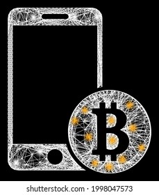 Glowing crossing mesh mobile bitcoin payment framework with glowing spots. Constellation vector carcass created from mobile bitcoin payment symbol and crossing white lines.