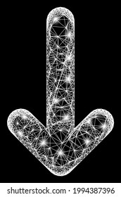 Die leuchtende Kreuzung der Maschen bewegen sich nach unten mit hellen Punkten. Konstellation Vektornetz erstellt von nach unten Piktogramm und kreuzten weißen Linien. Sparkle Konstellationsmaschen bewegen sich nach unten auf schwarzem Hintergrund.