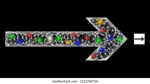 La malla de cruce brillante se mueve a la derecha con puntos de luz multicolores. Malla vectorial iluminada creada a partir del pictograma derecho de movimiento. La malla del marco de la aguja se mueve a la derecha, sobre un fondo negro.