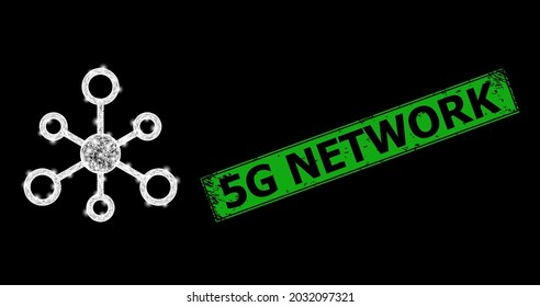 Glowing crossing mesh network frame with light spots, and green rectangle dirty 5G Network stamp. Constellation vector frame created from network symbol and crossing white lines.