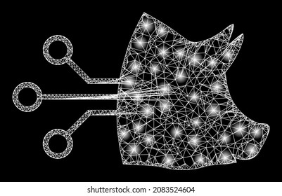 Glowing crossing mesh pig brain interface with light spots. Vector grid based on pig brain interface icon, and from crossing lines. Sparkle frame mesh pig brain interface on a black background.