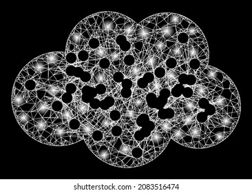 Glowing crossing mesh powder cloud with glowing spots. Vector model generated from powder cloud icon, and with crossing lines. Glowing frame mesh powder cloud on a black background.