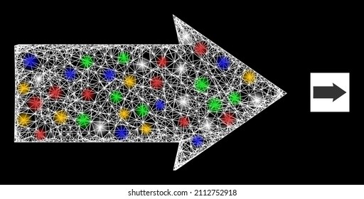 Glowing crossing mesh right direction with vibrant flash nodes. Illuminated vector mesh created from right direction symbol. Sparkle constellation mesh right direction, on a black backgound.