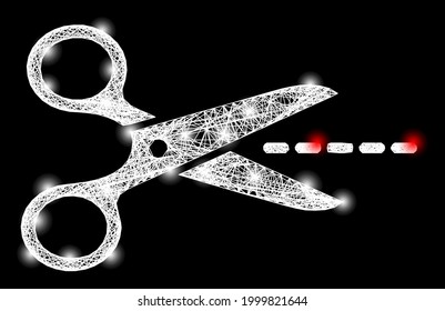 Glowing crossing mesh scissors line framework with lightspots. Constellation vector mesh created from scissors line symbol and crossed white lines. Sparkle constellation polygonal scissors line,
